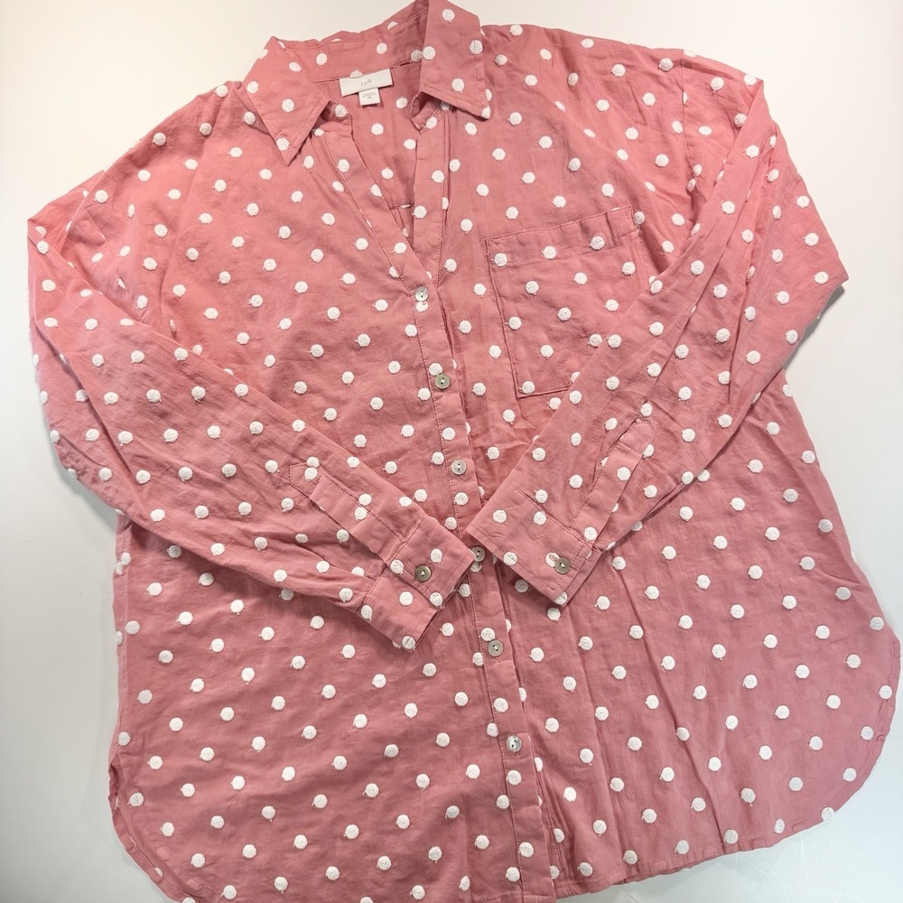 J. Jill Women's Long Sleeve Button Down Pink White Dots 100% Cotton XS Preppy